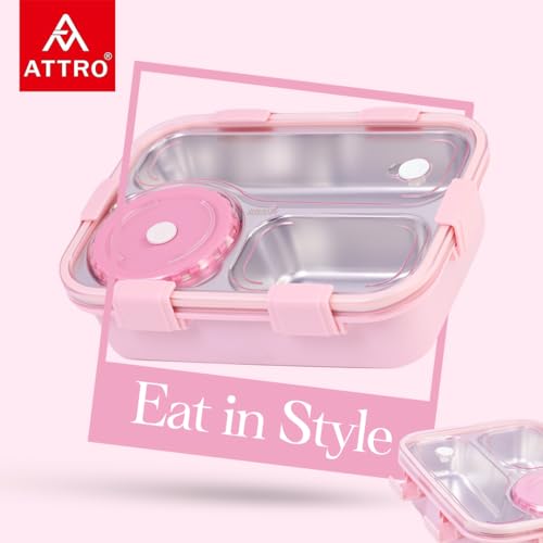 Attro Lunch Pro 3 Lunch Box with Detachable Inner Steel Compartments, Spoon, one Small Container, Heating Water Insulation Design, Foodgrade, Leakproof-750ml Bloosom Pink - Image 3