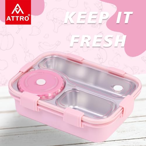 Attro Lunch Pro 3 Lunch Box with Detachable Inner Steel Compartments, Spoon, one Small Container, Heating Water Insulation Design, Foodgrade, Leakproof-750ml Bloosom Pink - Image 4