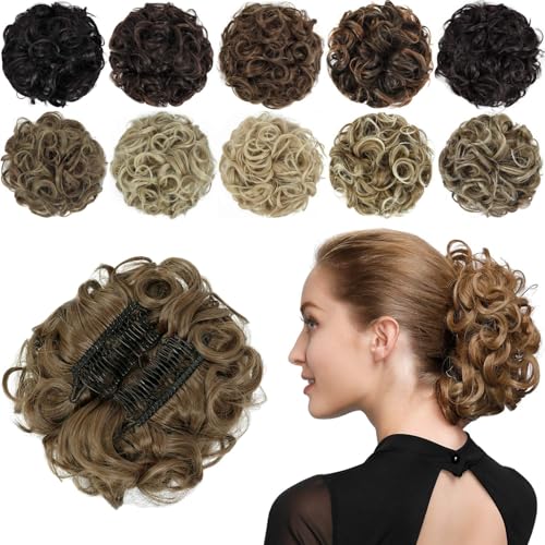 Rose bud Chignon Hairpiece Curly Bun Extensions Scrunchie Updo Synthetic Combs in Messy Bun Hair Piece for Women Light Brown