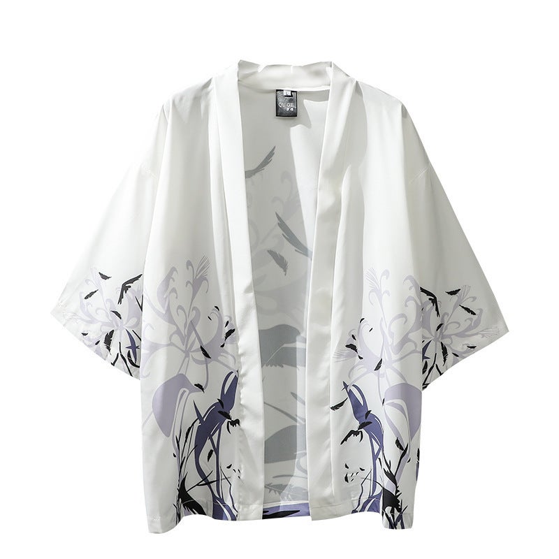 Summer Mens Loose 3/4 Sleeve Shirt Sun-Protective Thin Couple Robe Red Crow  - Image 3