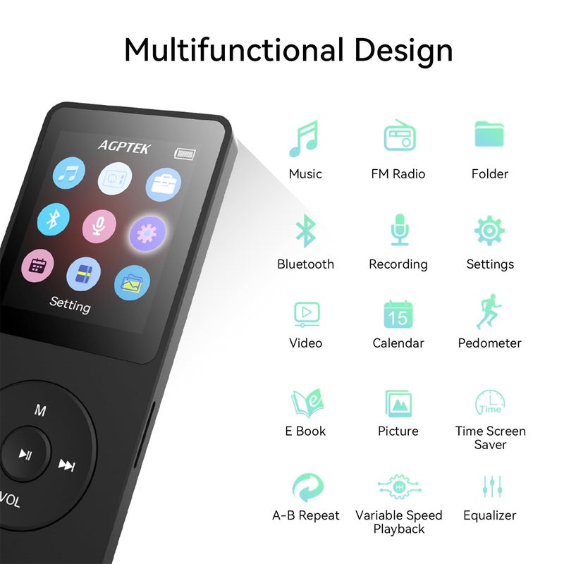 AGPtek مشغل MP3 AGPTEK A02 مع بلوتوث 5.3، شاشة 1.8 بوصة، مشغل موسيقى محمول مع مكبر صوت، راديو FM، مسجل صوت، يدعم التوسيع حتى 128GB (أسود، 32GB) - Image 4