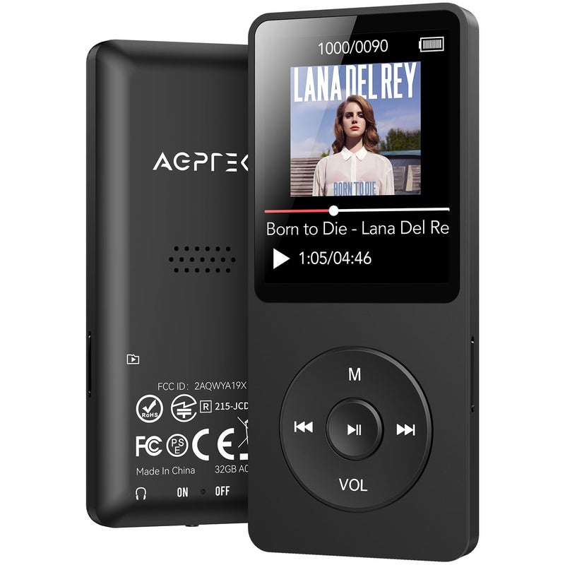 AGPtek مشغل MP3 AGPTEK A02 مع بلوتوث 5.3، شاشة 1.8 بوصة، مشغل موسيقى محمول مع مكبر صوت، راديو FM، مسجل صوت، يدعم التوسيع حتى 128GB (أسود، 32GB) - Image 1