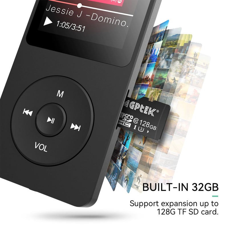 AGPtek مشغل MP3 AGPTEK A02 مع بلوتوث 5.3، شاشة 1.8 بوصة، مشغل موسيقى محمول مع مكبر صوت، راديو FM، مسجل صوت، يدعم التوسيع حتى 128GB (أسود، 32GB) - Image 5