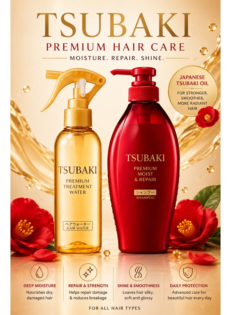 تسوكابي مجموعة TSUBAKI Premium Moist شامبو 450 مل مع Premium Treatment Water 210 مل لترطيب وإصلاح الشعر التالف - Image 2