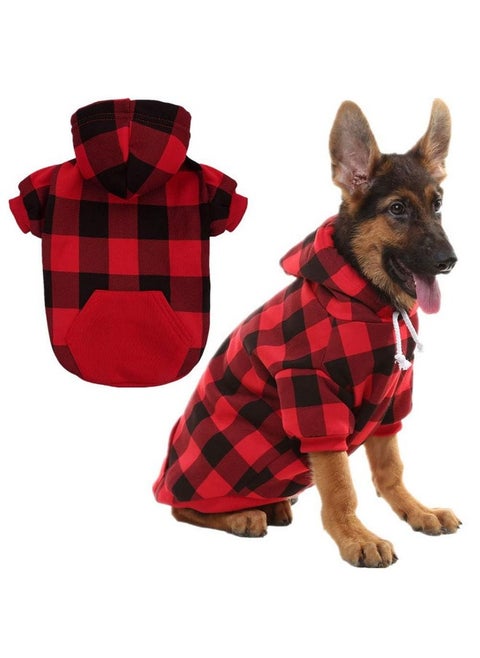 Plaid Dog Hoodie Pet Clothes Sweater With Hat And Pocket For Small Medium Large Size Dogs, Soft Winter Warm Dog Cold Weather Coat, Fleece Fall Dog Hooded Sweatshirt For Puppy Cats, Red Xl