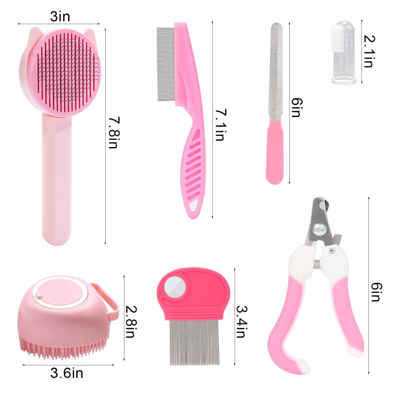 VCZONE 8 Pcs Cat Brush Grooming Kits, Pet Self Cleaning Kit with Pet Nail Clipper and File, Flea Comb, Pet Shampoo Bath Brush, Pet Shedding Brush, Silicone Toothbrush (Pink) - Image 2