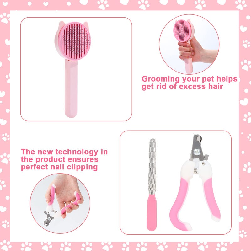 VCZONE 8 Pcs Cat Brush Grooming Kits, Pet Self Cleaning Kit with Pet Nail Clipper and File, Flea Comb, Pet Shampoo Bath Brush, Pet Shedding Brush, Silicone Toothbrush (Pink) - Image 5