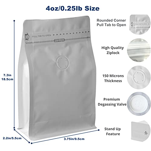 felipack 50 Count 4 Ounces White Kraft Paper Coffee Bags - High Barrier Aluminium Foil Liner - Flat Bottom Coffee Pouches with Degassing Valve, Food Storage Bags with Rsealable Zipper & Easy Open Tape (50pcs, 4oz/0.25lb/100g) - Image 2