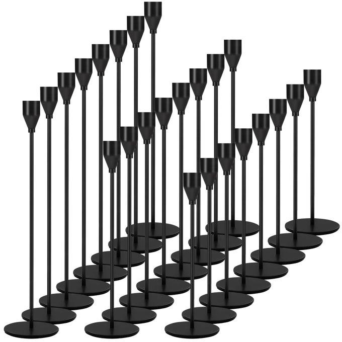 24PCS CANDLE HOLDERS BLACK CANDLESTICK HOLDER IN BULK TAPER CANDLE HOLDERS FOR PILLAR CANDLES METAL CANDLE STANDS FOR TABLE CENTERPIECE WEDDING DINNING PARTY VALENTINES HOME DECOR BLACK