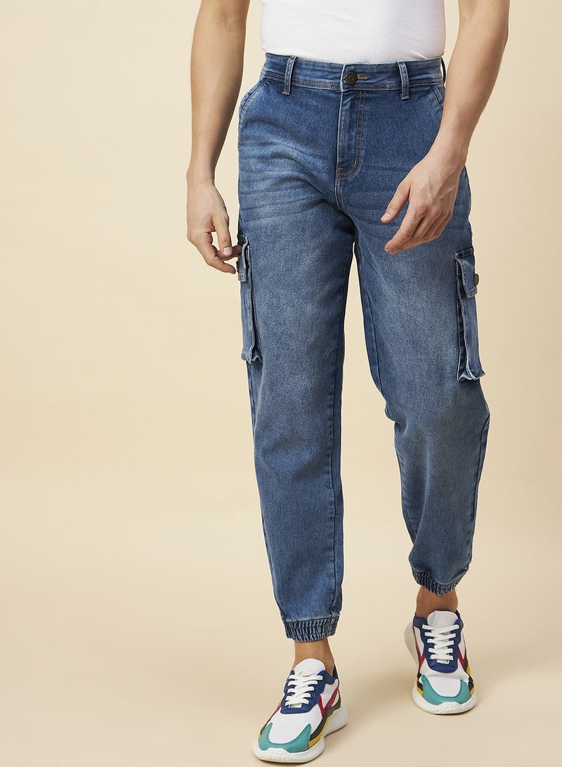 HIGH STAR Blue Tapered Fit Pure Cotton Cargo Joggers for Men, Mid-Rise  - Image 1