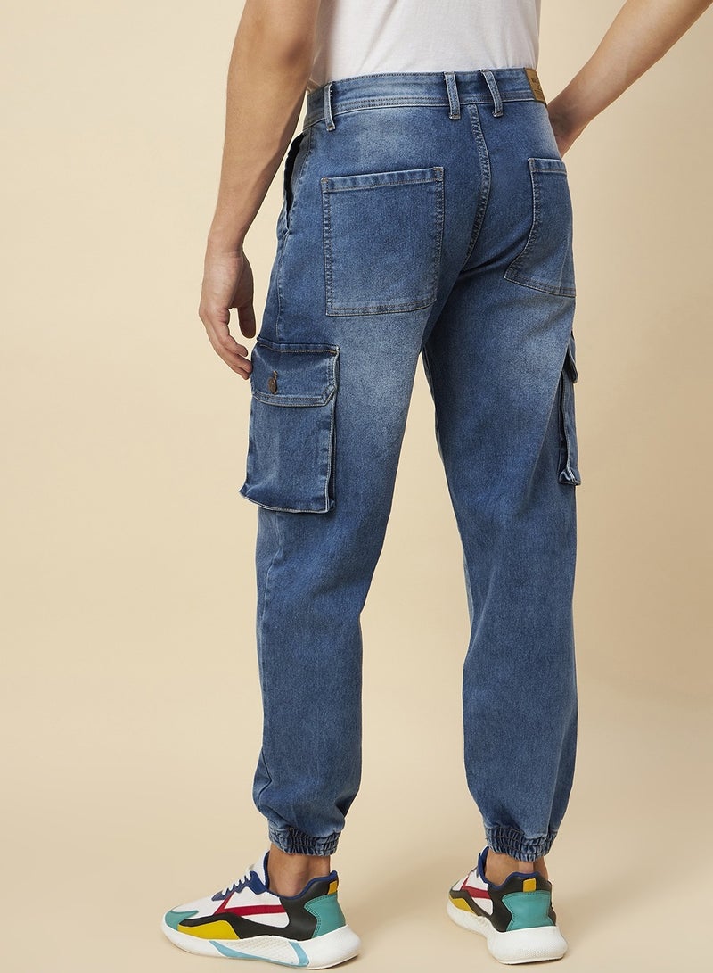 HIGH STAR Blue Tapered Fit Pure Cotton Cargo Joggers for Men, Mid-Rise  - Image 5