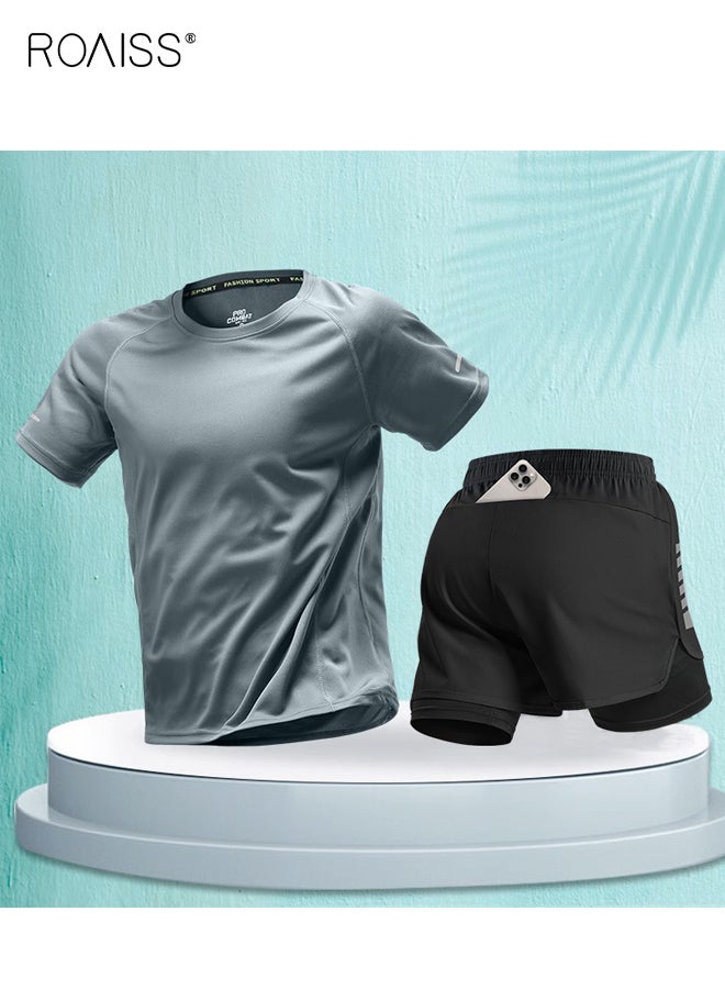 roaiss Mens Running Suit 2 Piece Marathon Training Set Quick Dry Short Sleeve Shirt and Shorts with Pockets Professional Athletic Gear for Summer Sports Fitness - Image 1