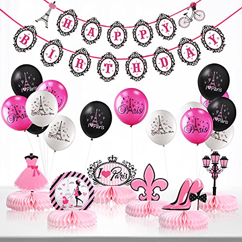 Clabby 26 Pcs Paris Birthday Party Decorations Set Honeycomb Centerpiece Table Topper Happy Birthday Banner Eiffel Tower Balloons Decor for Wedding Baby Shower Theme Party Supplies - Image 1