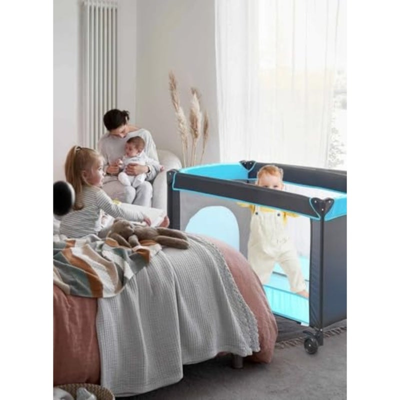 Sharpdo Portable and Foldable Baby Bed with Wheels Blue - Image 2