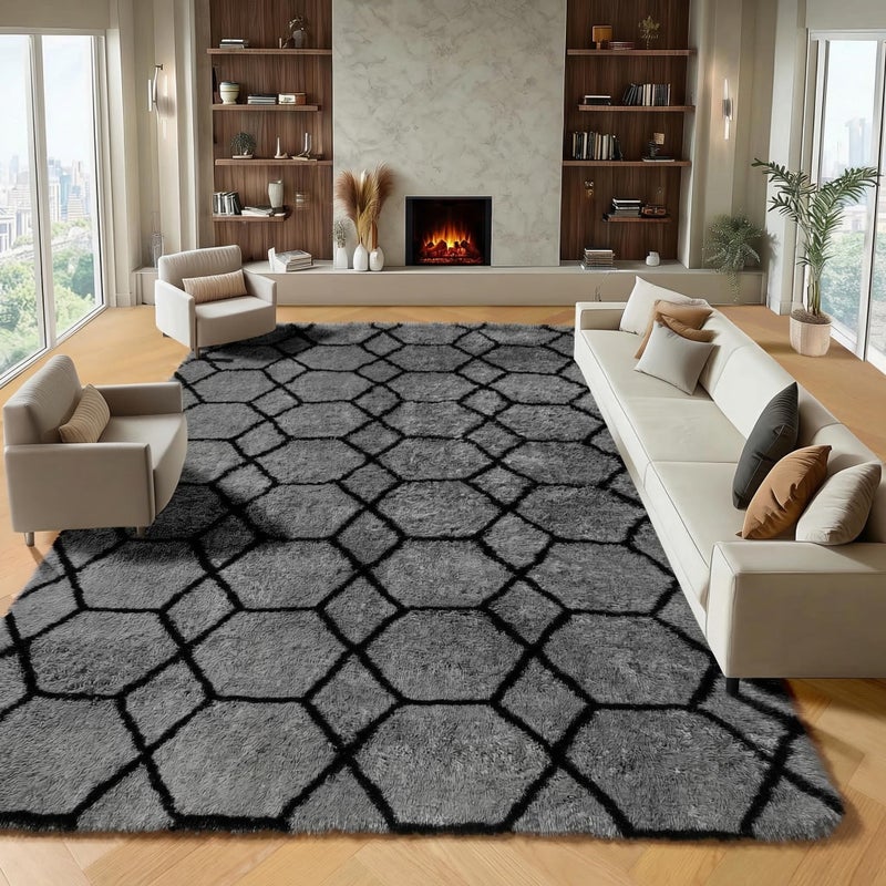 ONASAR 8x10 Area Rugs for Living Room, Fluffy Grey and Black Bedroom Rug, Geometric Boho Large Soft Plush Shaggy Fuzzy Floor Carpet for Nursery Kids Classroom Playroom Dorm Home Decor - Image 1