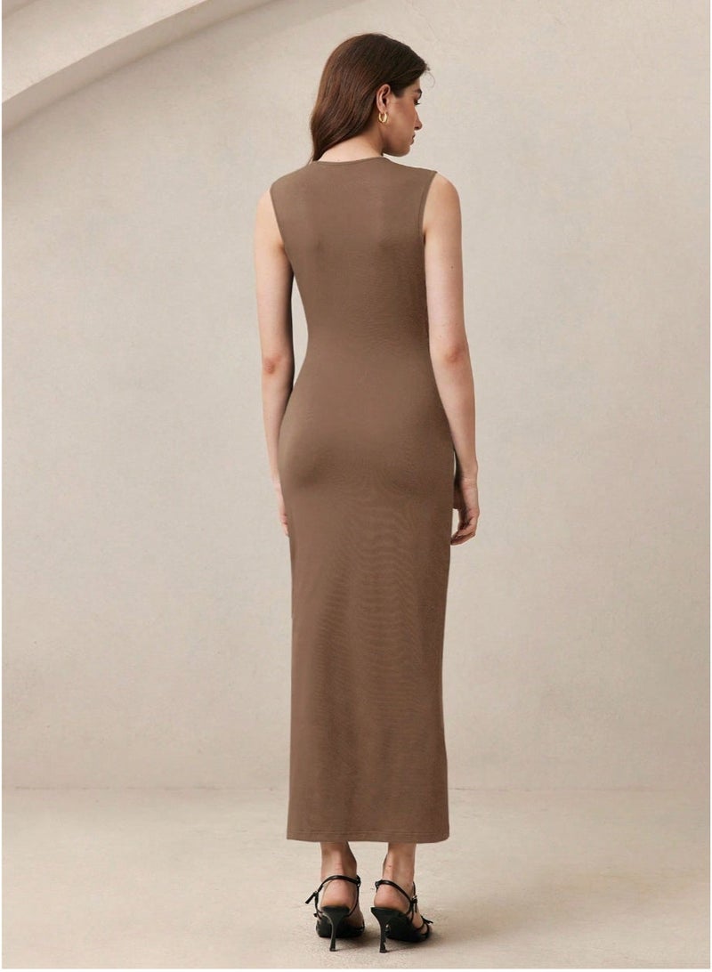 SHEINRound Neck  Waist Metal Decor Pleated Dress, - Image 5