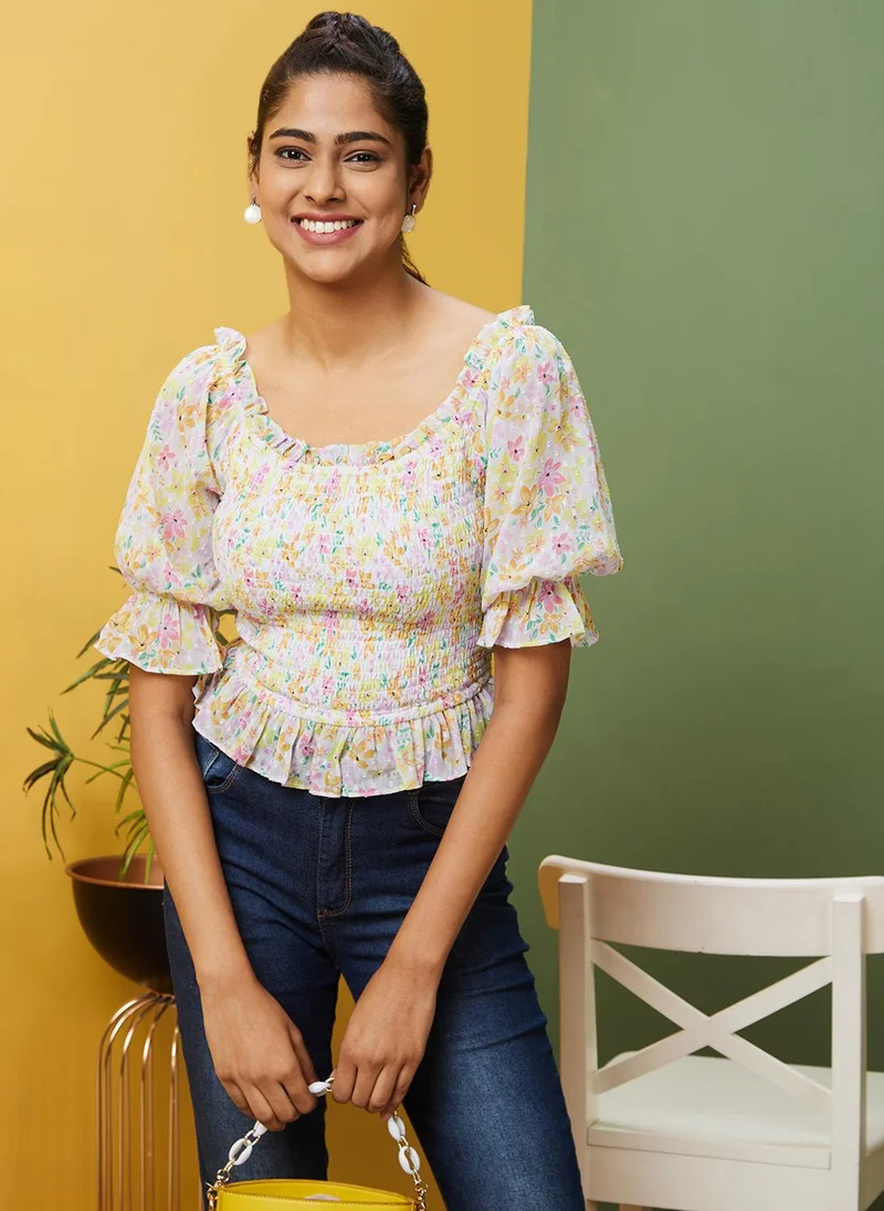 globus Globus Women Off White Floral Printed Scoop Neck Puff Sleeve Smocked Georgette Top