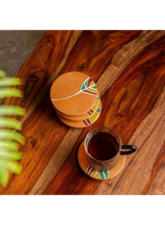 ExclusiveLane 'Shades of a Leaf' Handpainted Terracotta Coasters for Cups Dining Table Accessories for Home Coster (Set of 4) - Image 1