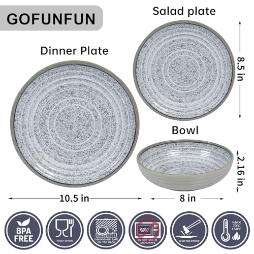 Gofunfun Melamine Dinnerware Sets 12 PCS - Service for 4 Plates & Bowls Sets Dishwasher Top-Shelf Safe, BPA Free Dinner Dishes Set for Everyday Use-Granite Pattern Gray - Image 2