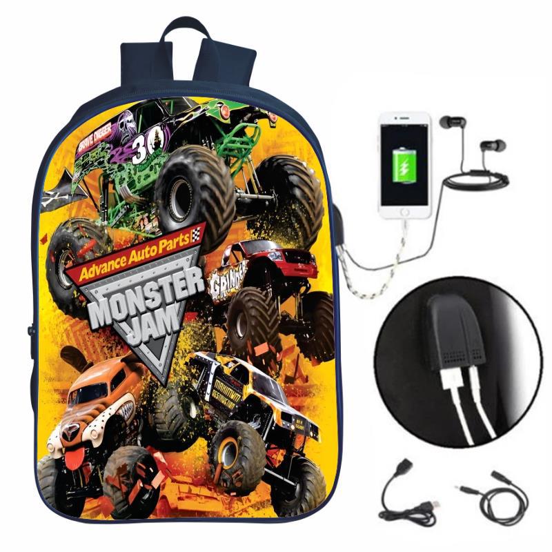 Monster Jam Monster Truck Primary And Secondary School Students School Bag Usb Charging Kidsren'S Backpack Boys And Girls Backpack - Image 1