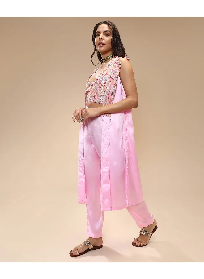 QISSA Women's Baby Pink Ethnic Block Co-Ord Set For Casual Wear | V-Neck | Sleeveless | 3 Piece Co-Ords Designed With Comfort Fit For Everyday Ethnic Wear