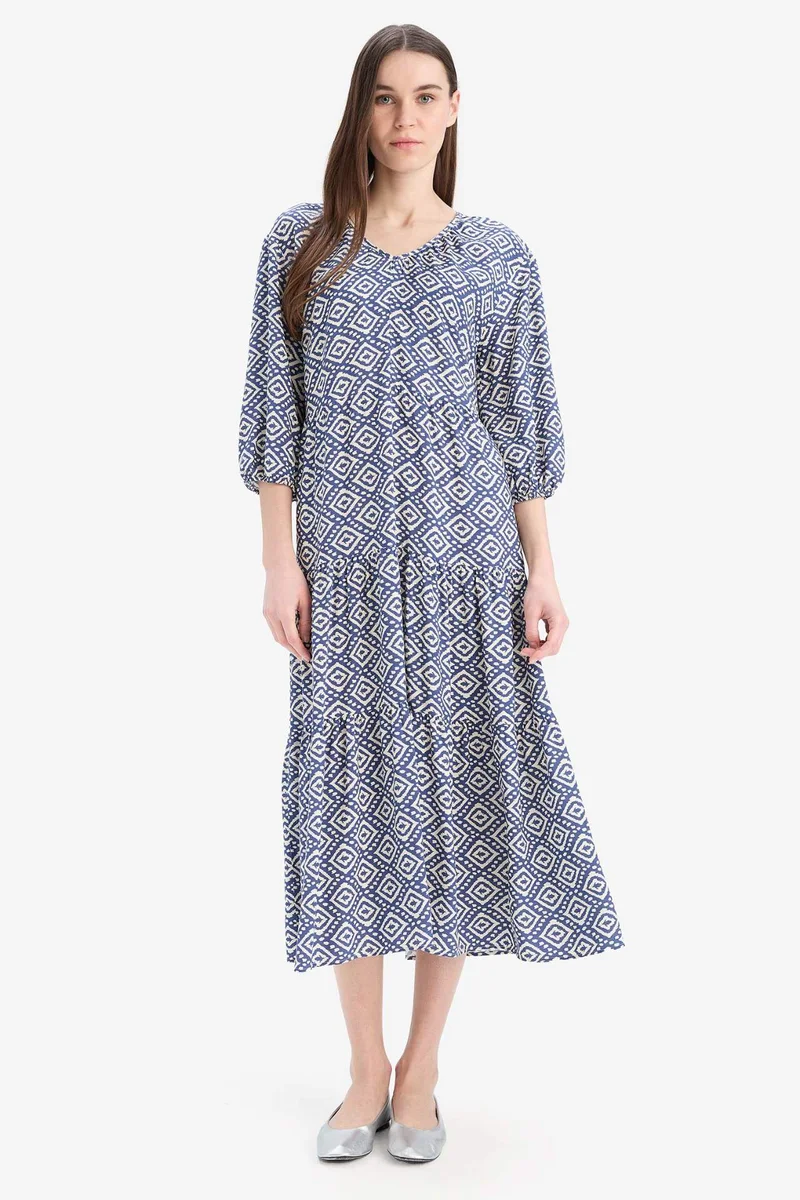 ديفاكتو Regular Fit Patterned V Neck Long Sleeve Maxi Dress