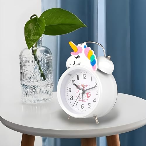 De'rons Twin Bell Analog Table Alarm Clock for Heavy Sleepers with Backlight Alarm Clock for Study Table Funny Cute Cartoon Unicorn Shape Alarm Clock for Girls Kids Boys Bedroom 9 x 13.5 cm (White) - Image 2