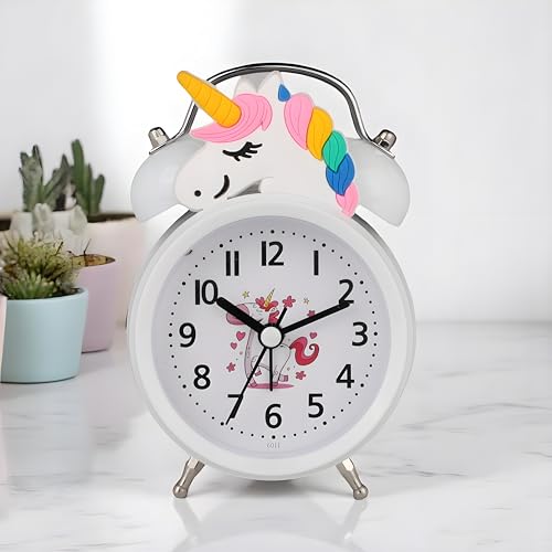 De'rons Twin Bell Analog Table Alarm Clock for Heavy Sleepers with Backlight Alarm Clock for Study Table Funny Cute Cartoon Unicorn Shape Alarm Clock for Girls Kids Boys Bedroom 9 x 13.5 cm (White) - Image 1