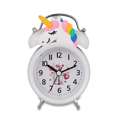 De'rons Twin Bell Analog Table Alarm Clock for Heavy Sleepers with Backlight Alarm Clock for Study Table Funny Cute Cartoon Unicorn Shape Alarm Clock for Girls Kids Boys Bedroom 9 x 13.5 cm (White) - Image 5