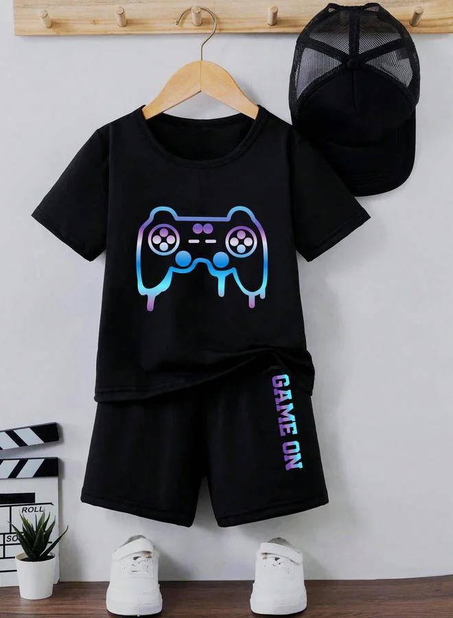 تايك تو Take Two Boys Black Graphic Game On T-Shirt and Shorts Set