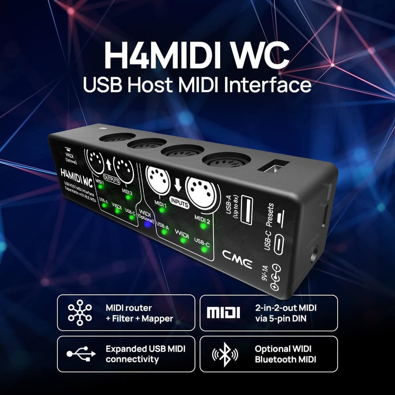 CME H4MIDI WC – Advanced USB Host MIDI Interface with Router, Filter, Mapper, Optional WIDI Bluetooth MIDI, Standalone 9V Power Mode - Image 2