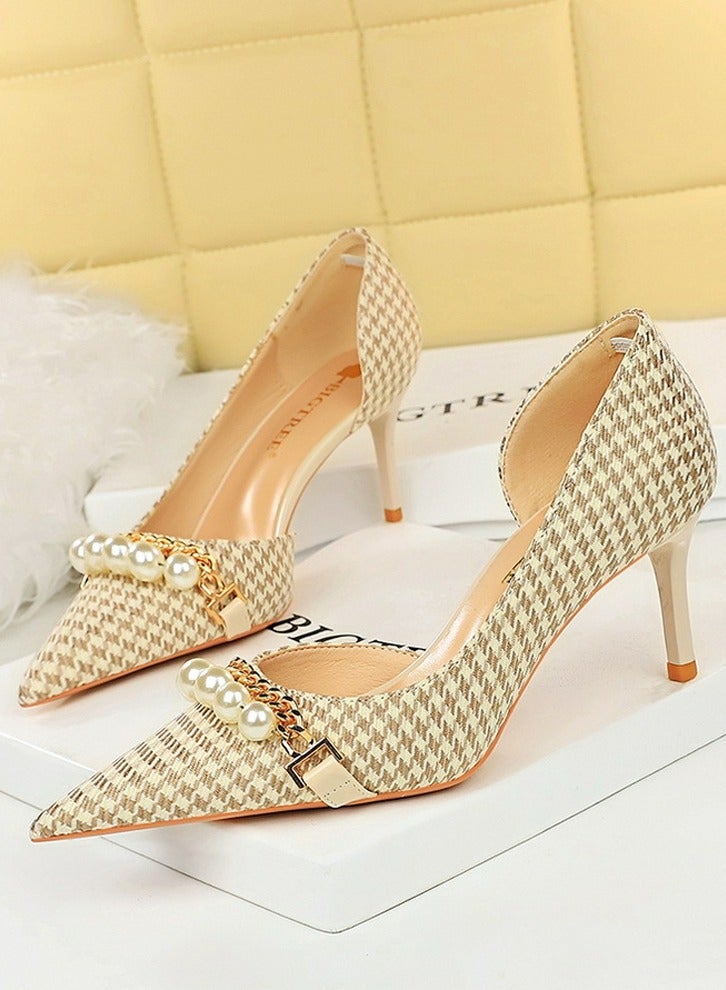 BIGTREE Women's Side Hollow Stiletto Pumps With Plaid Pattern And Pearl Metal Chain 7.5 cm Elegant Gorgeous Closed Pointed Toe Slip On Solid High Heels Apricot