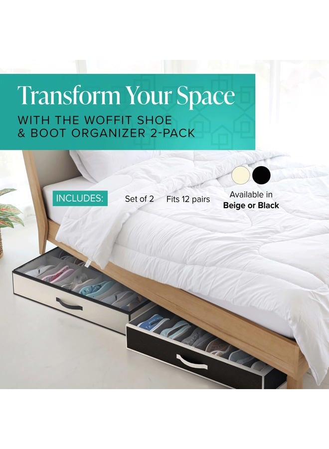 Woffit Under Bed Shoe Storage Organizer – Set of 2 Large Containers, Each Fit 12 Pairs of Shoes – Sturdy Box w/ Strong Zipper & Handles – Underbed Organizers for Kids & Adults - Image 2