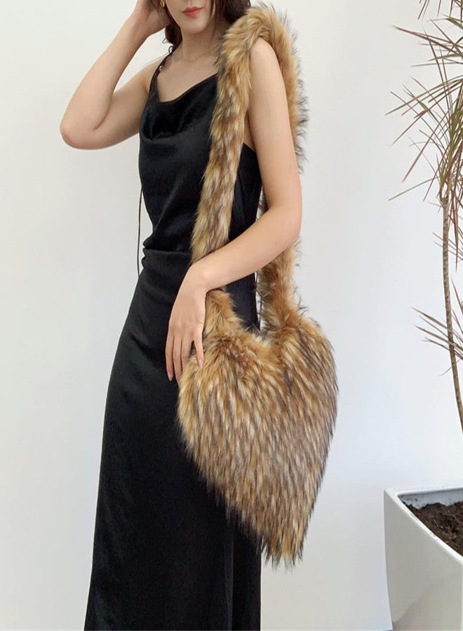 Rejolly Heart Shaped Furry Purse for Women Fluffy Faux Fur Trendy Y2K Girls Handbag Soft Shoulder Bag Khaki - Image 5