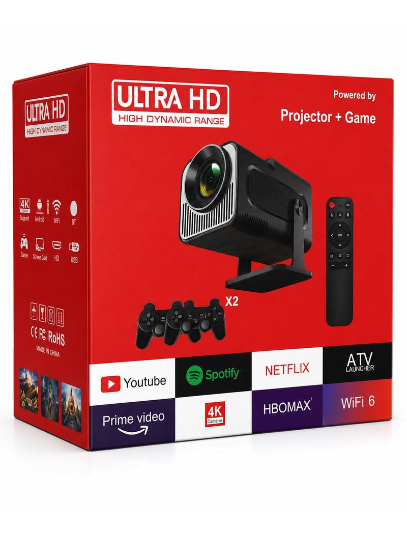 Smart Projector Ultra HD Android 11 (2-in-1) - Built-in Retro Atari Games with 2 Wireless Controllers - Portable 4K Home Cinema Supports HDR, WiFi 6, Bluetooth 5.0 - Supports Netflix, YouTube, Spotify & HBO Max - Image 2