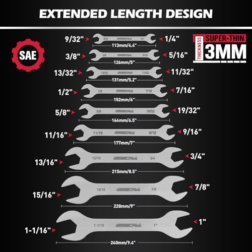 SEDY 9Piece Super Thin OpenEnd Wrench Set SAE 141116 3mm Thickness Slim Wrench Set for Tight Spaces Nickel Plated Flat Wrenches with Rolling Storage Pouch - Image 3