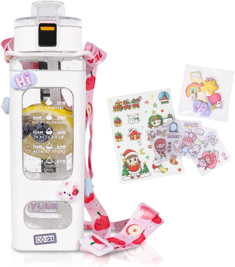 fufeisi Kawaii Water Bottle for Girls,Cute Kids Water Bottles with Straw,700ml Portable LeakProof Water Bottles With Adjustable Shoulder Strap for School (White) - Image 1