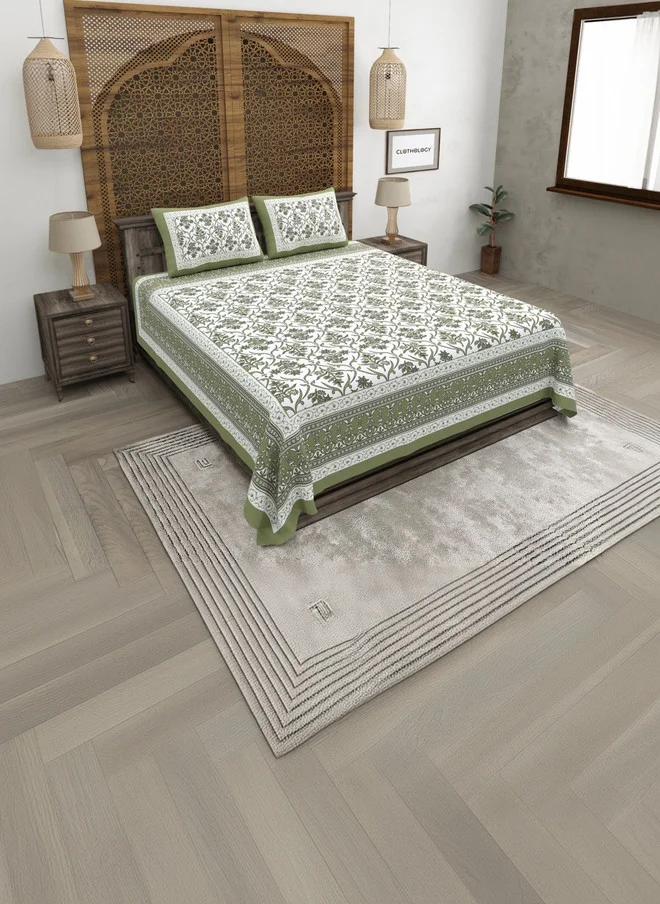 CLOTHOLOGY CLOTHOLOGY Green & White Floral 180 TC King Bedsheet with 2 Pillow Covers