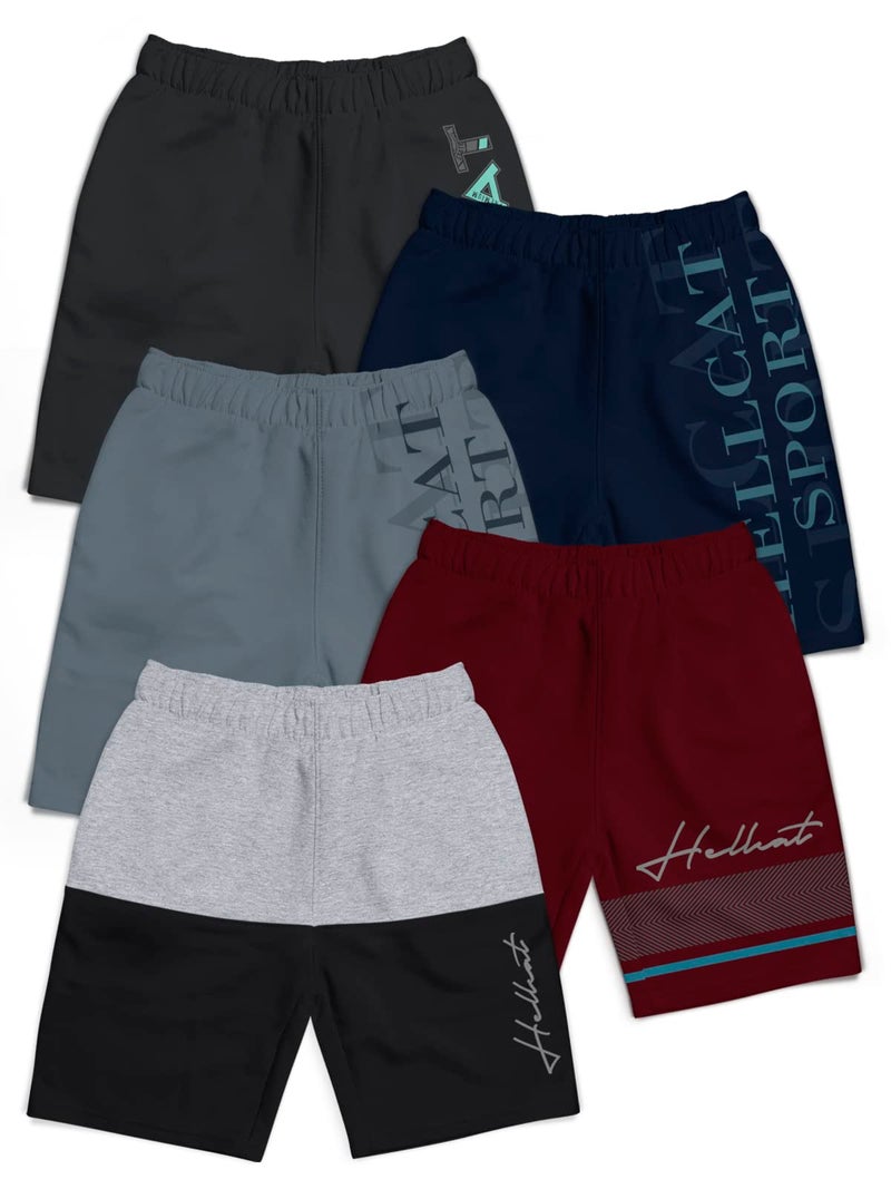 HELLCAT Pack of 5 Trendy Typographic Printed Mid Rise Shorts for Boys - Grey Melange/Burgundy/Dark Grey/Navy Blue /Grey_13-14 Years - Image 1