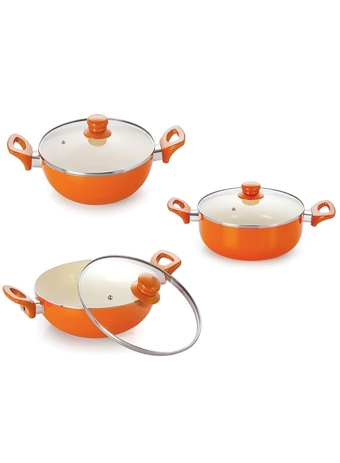 Nirlon Ceramic Aluminium Cookware Set - 1 Deep Kadhai (2.4L), 1 Deep Kadhai (2L), 1 Deep Casserole (3.6L) with Glass Lids, Orange - Image 1