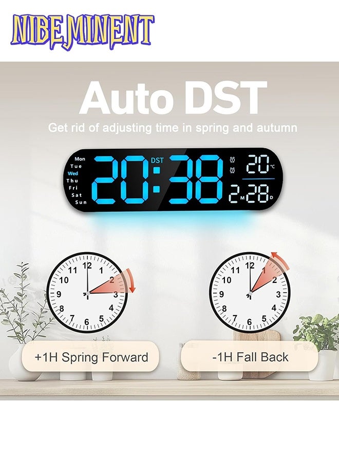 NIBEMINENT LED Digital Clock, Digital Wall Clock with Remote Control, RGB Atmosphere Lights with 8 Adjustable Night Light Colors, Dual Alarms, Temperature for Room （Blue） - Image 4