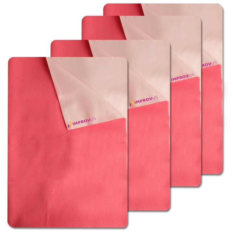 IMPROVUS Instadry Anti-Piling Fleece Extra Absorbent Quick Dry Sheet for New Born Babies, Cotton Bed Protector Mattress, Reusable Waterproof Baby Cot Sheet for Toddler Infant (Pink - Pack of 4)