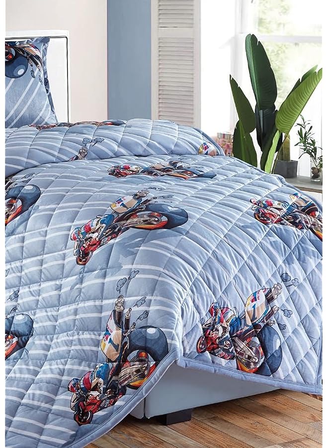 إيروريكس طقم لحاف من الفلانيل الناعم القابل للعكس للأطفال لجميع المواسم، 3 قطع، مقاس مفرد 150×200 سم، طقم فراش للأولاد أو البنات، تصميم مطبوع بدراجات سوبر مع نمط خياطة هندسية على الوجهين، متعدد الألوان - Image 4