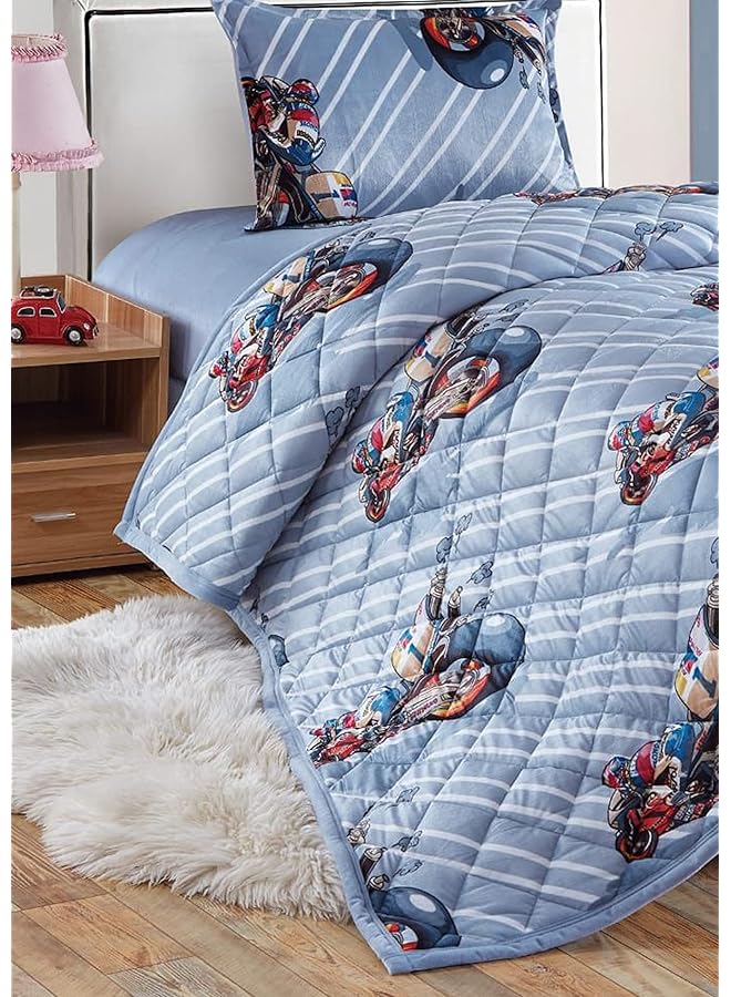 إيروريكس طقم لحاف من الفلانيل الناعم القابل للعكس للأطفال لجميع المواسم، 3 قطع، مقاس مفرد 150×200 سم، طقم فراش للأولاد أو البنات، تصميم مطبوع بدراجات سوبر مع نمط خياطة هندسية على الوجهين، متعدد الألوان - Image 2
