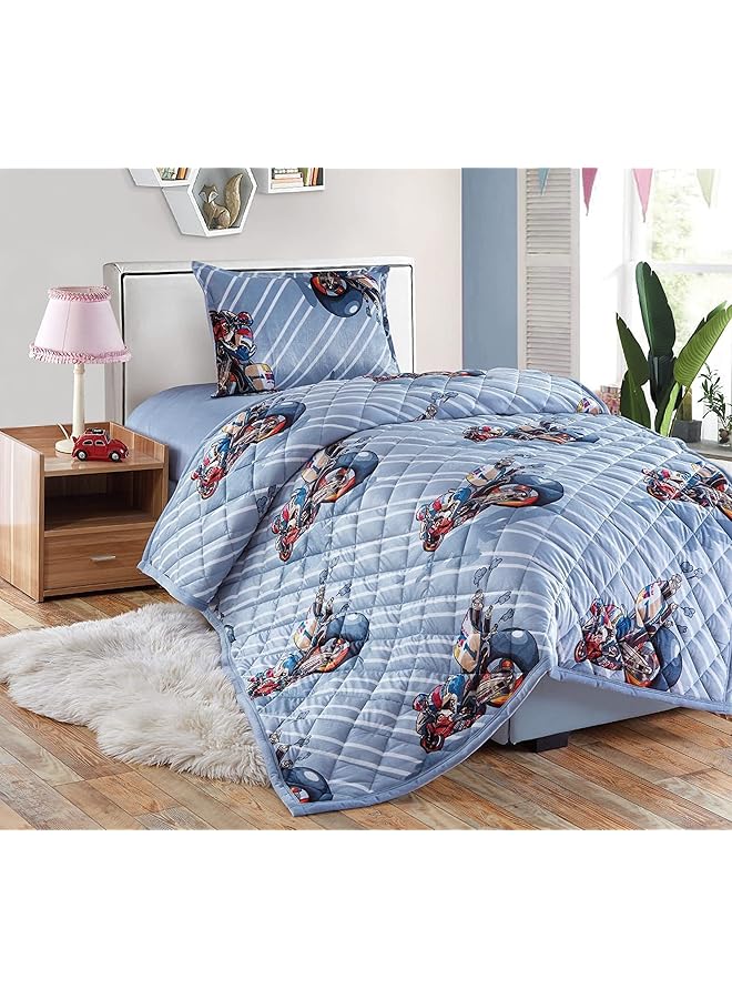 إيروريكس طقم لحاف من الفلانيل الناعم القابل للعكس للأطفال لجميع المواسم، 3 قطع، مقاس مفرد 150×200 سم، طقم فراش للأولاد أو البنات، تصميم مطبوع بدراجات سوبر مع نمط خياطة هندسية على الوجهين، متعدد الألوان - Image 1