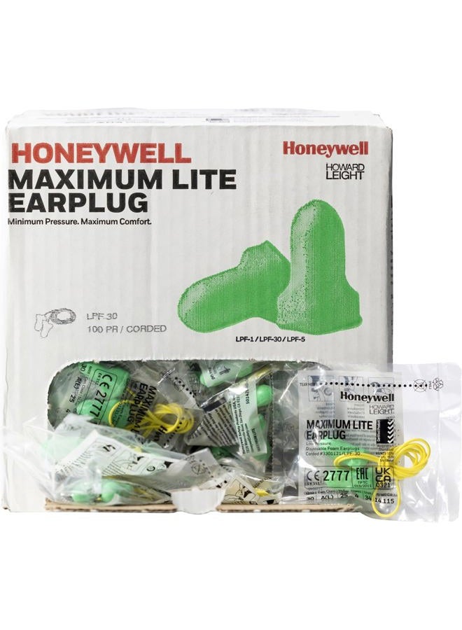 Howard Leight LPF-30 Max Lite Disposable Foam Corded Earplugs, Polyurethane Foam, Small, Yellow/Green (Pack of 100) - Image 1