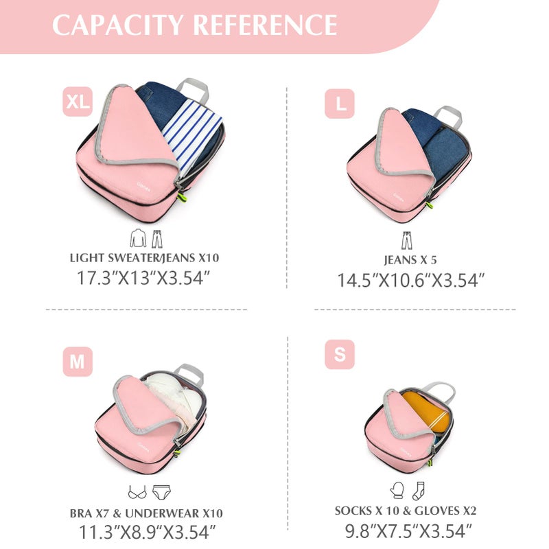 Gonex Compression Packing Cubes, 4pcs Expandable Storage Travel Luggage Bags Organizers (Pink) - Image 5