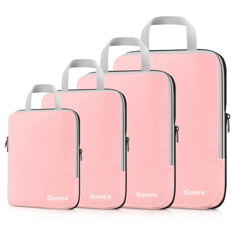 Gonex Compression Packing Cubes, 4pcs Expandable Storage Travel Luggage Bags Organizers (Pink) - Image 1