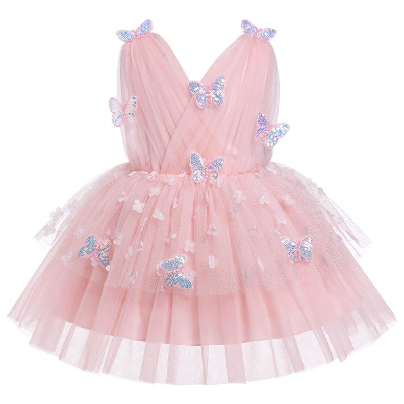 IMEKIS Butterfly Dress for Girls: 1st 2nd Birthday Outfit Cake Smash Baby Flower Girl Dress Wedding Guest Toddler Graduation Dress Kids Princess Sparkle Tulle Tea Party Easter Formal Pink 18-24 Months - Image 3