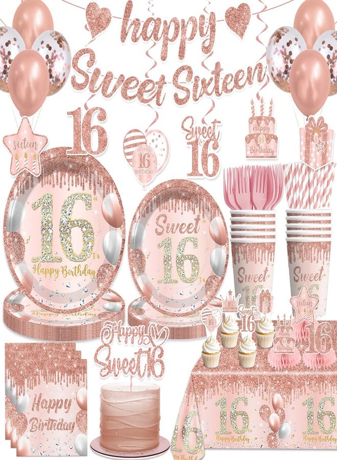 cocomigo Sweet 16 Party Decorations Pink with Cake Topper, 25 Serves 16th Birthday Disposable Tableware Set, with 2pcsTable Cloth, with Cake Topper, Centerpieces, Banner, for Girls Birthday Party - Image 1